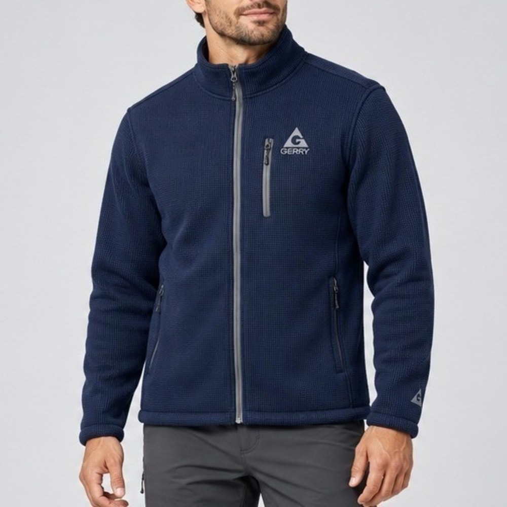 Gerry Mens XXL Sherpa Lined Full Zip Fleece Jacket Navy Blue Textured Knit Warm